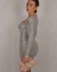 Mini dress scollo quadrato champagne in paillettes