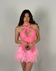 Mini dress luxury pink con perle e piume