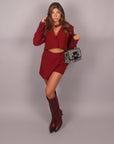Coordinato giacca crop e shorts bordeaux