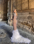 Abito luxury diamond argento con piume bianche