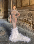 Abito luxury diamond argento con piume bianche