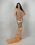 Dress luxury con piume e strass pesca