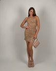 Mini dress scollo America con cristalli nude
