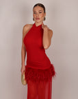 Long dress con piume rosso