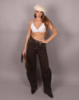 Jeans balloon marrone con cuciture bianche