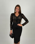 Top in pizzo manica lunga nero/nude
