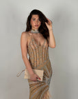 Dress luxury con piume e strass pesca