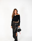 Gonna midi in micro paillettes nera con spacco