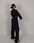 Tailleur gessato con cintura blu navy