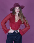 Top crop con bustino bordeaux