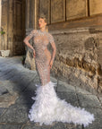 Abito luxury diamond argento con piume bianche