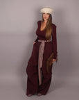 Pantalone palazzo bordeaux con cintura a quadri