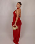 Long dress con piume rosso