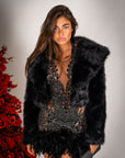 Dress luxury diamond nero con applicazioni di cristalli e piume