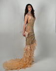 Dress luxury con piume e strass pesca