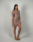 Mini dress bandage e pizzo rosa cipria