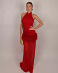 Long dress con piume rosso