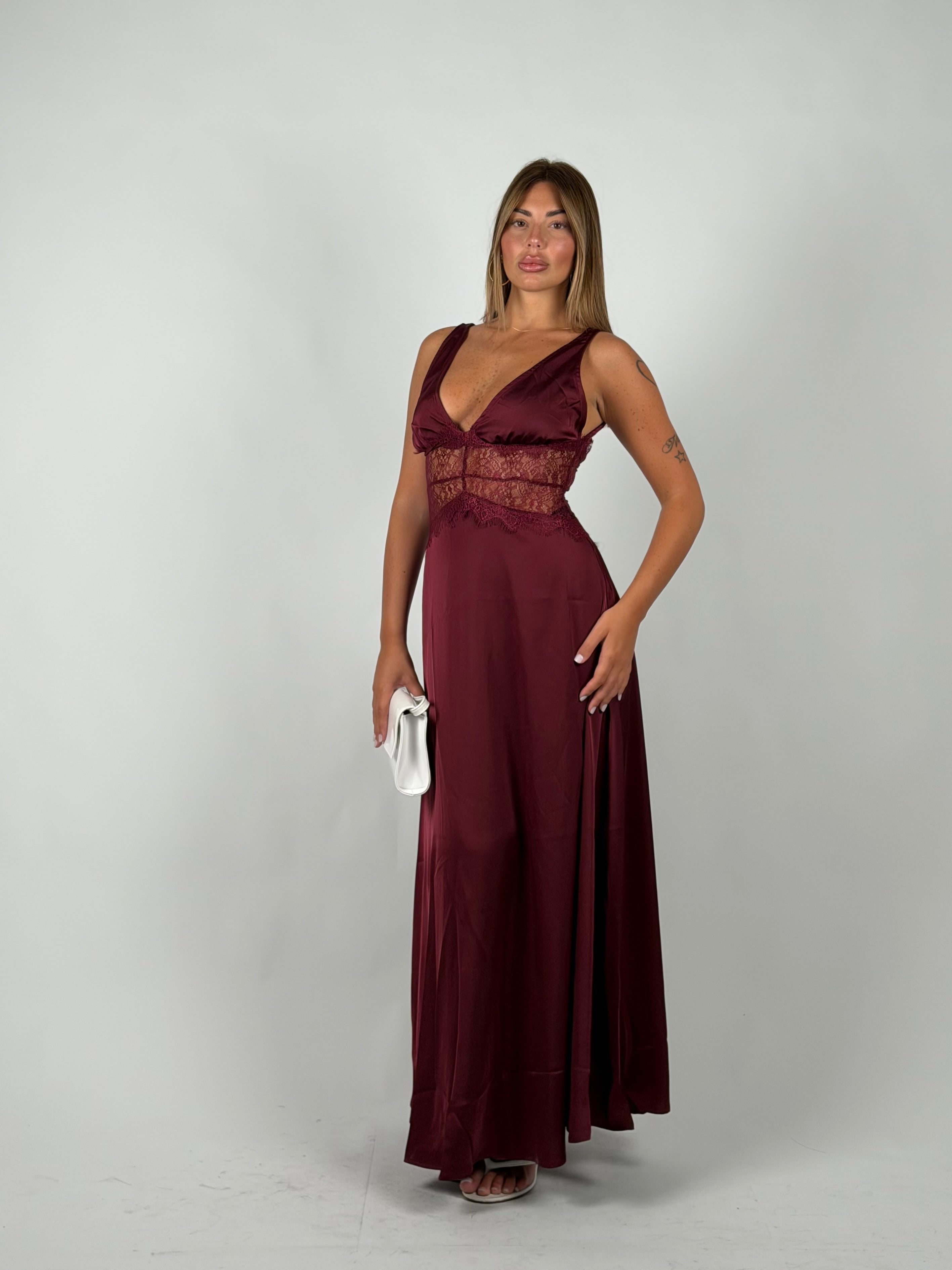 Dress in raso e pizzo bordeaux