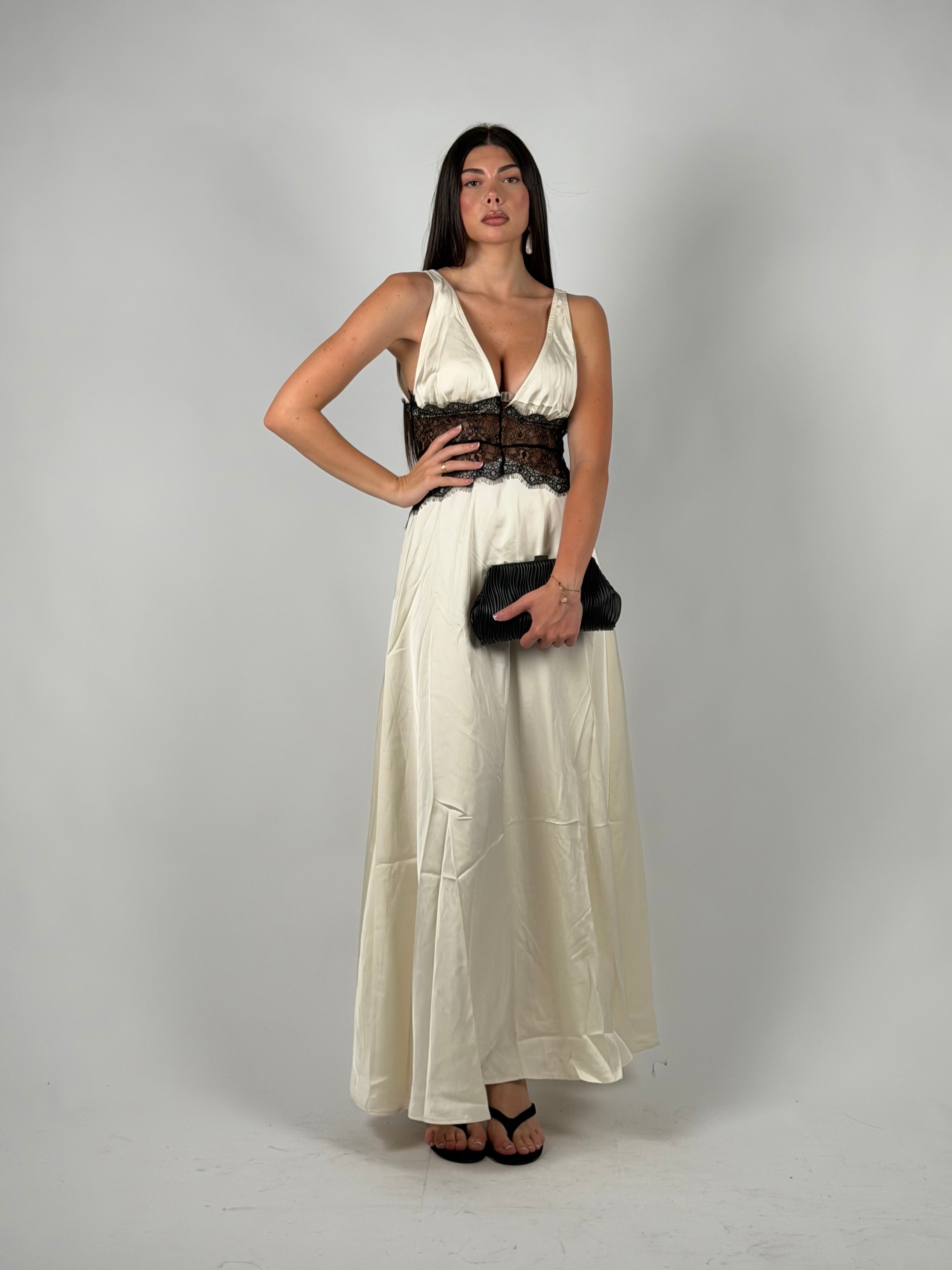 Dress in raso e pizzo panna/nero