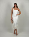 Abito bandage bianco con piume