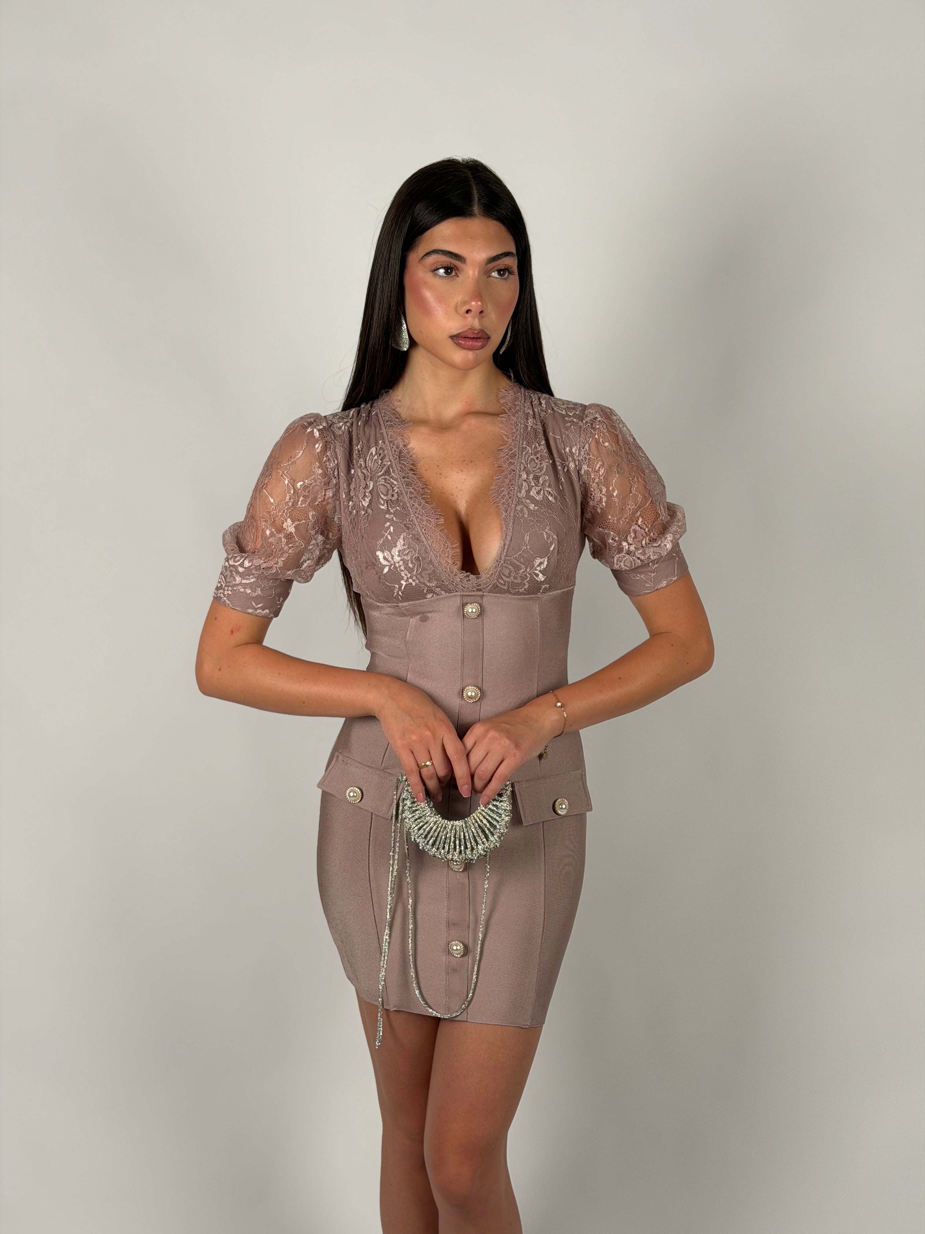 Mini dress bandage e pizzo rosa cipria