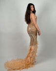 Dress luxury con piume e strass pesca