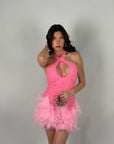 Mini dress luxury pink con perle e piume
