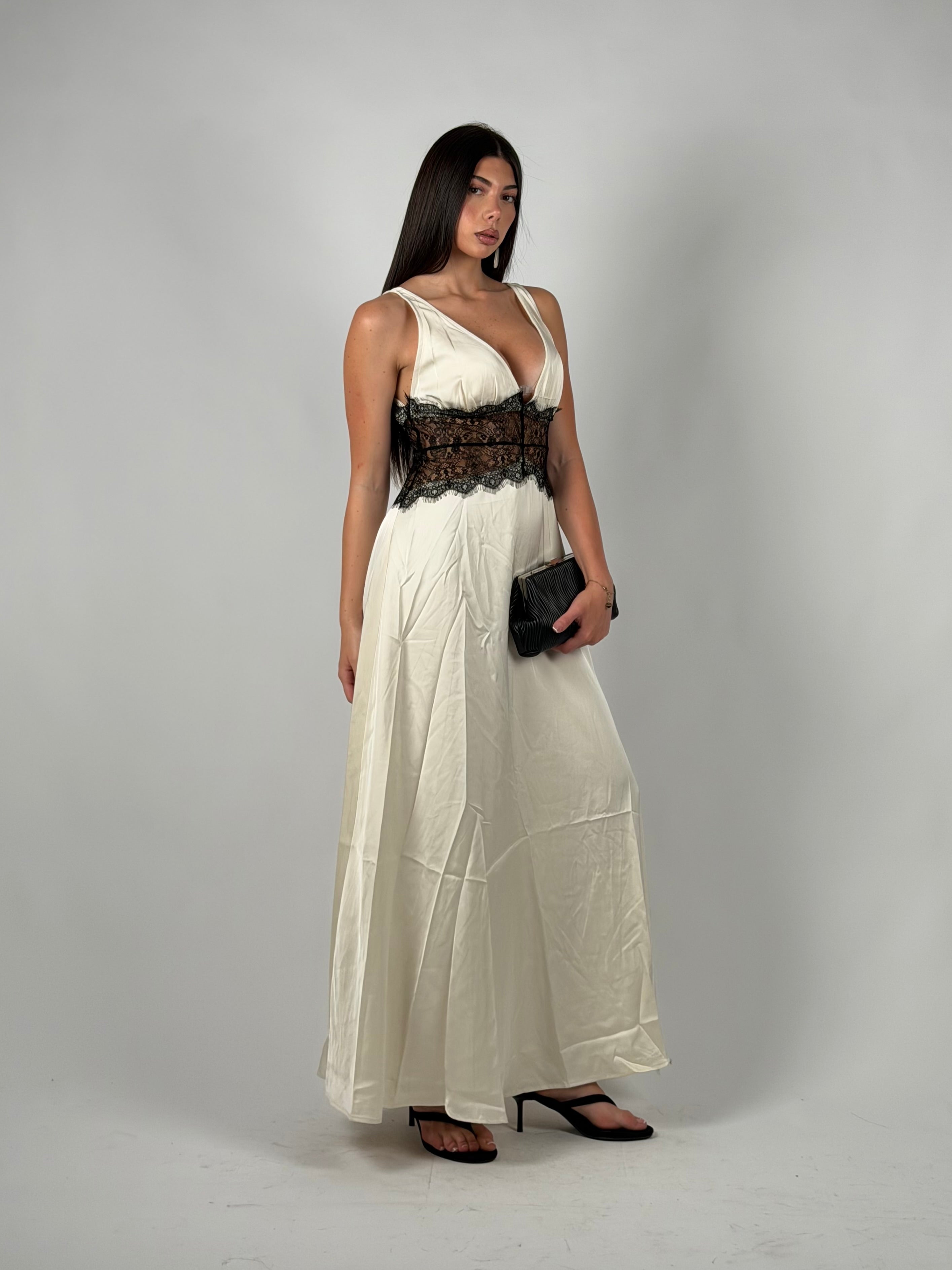 Dress in raso e pizzo panna/nero