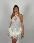 Mini dress luxury white con perle e piume