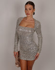 Mini dress scollo quadrato champagne in paillettes