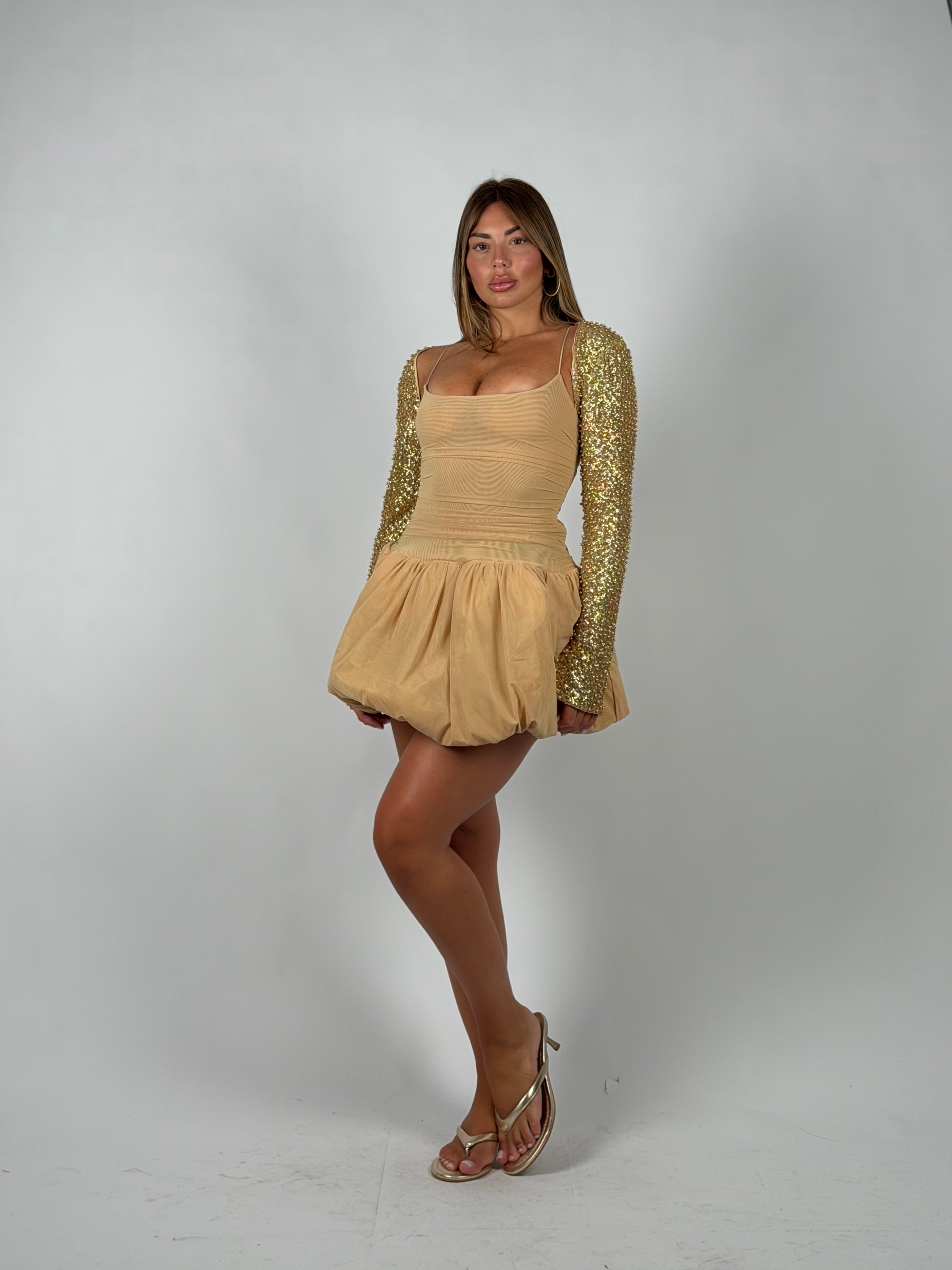 Mini dress balloon con copri spalle oro