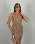 Mini dress scollo America con cristalli nude