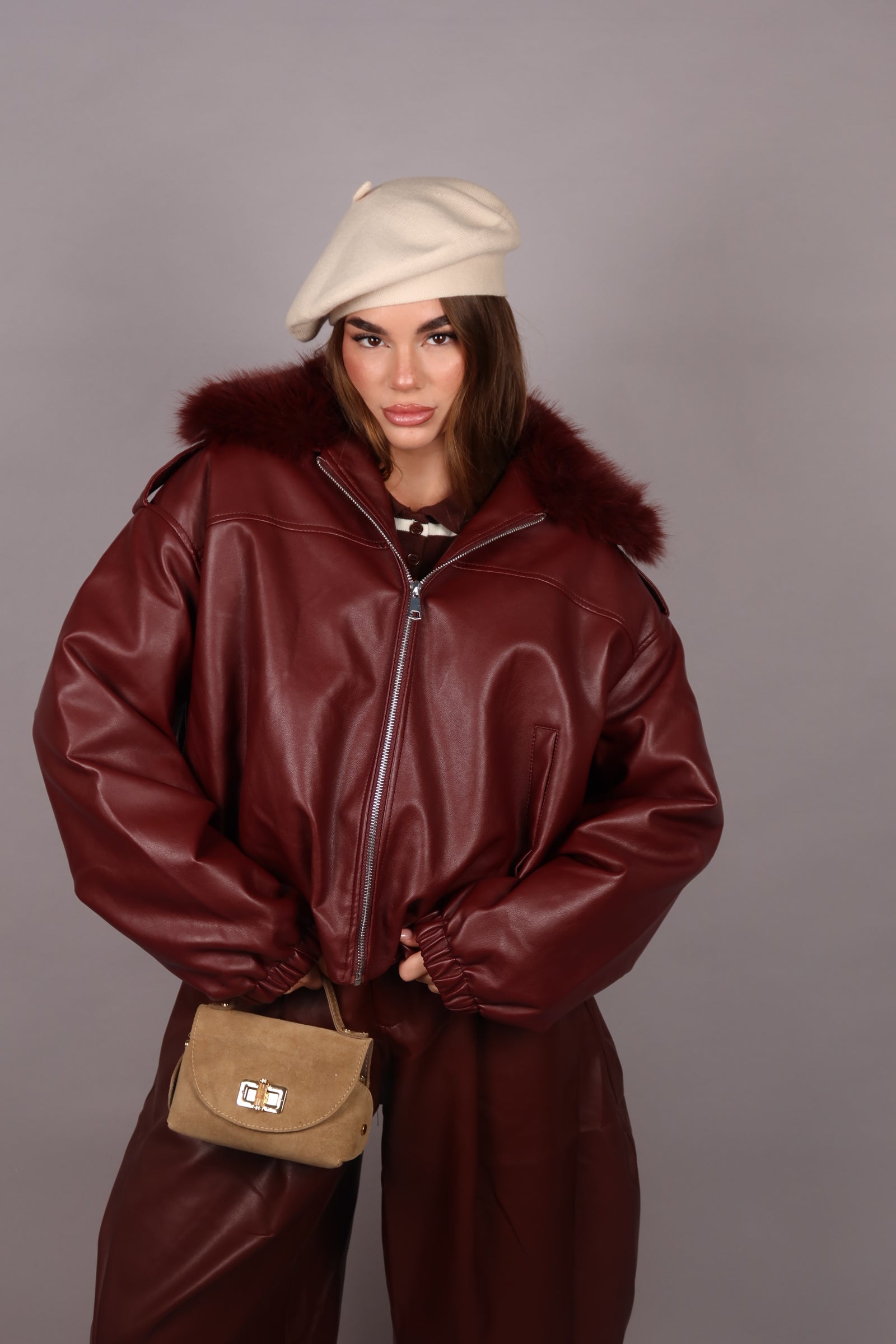 Bomber Crop in pelle bordeaux