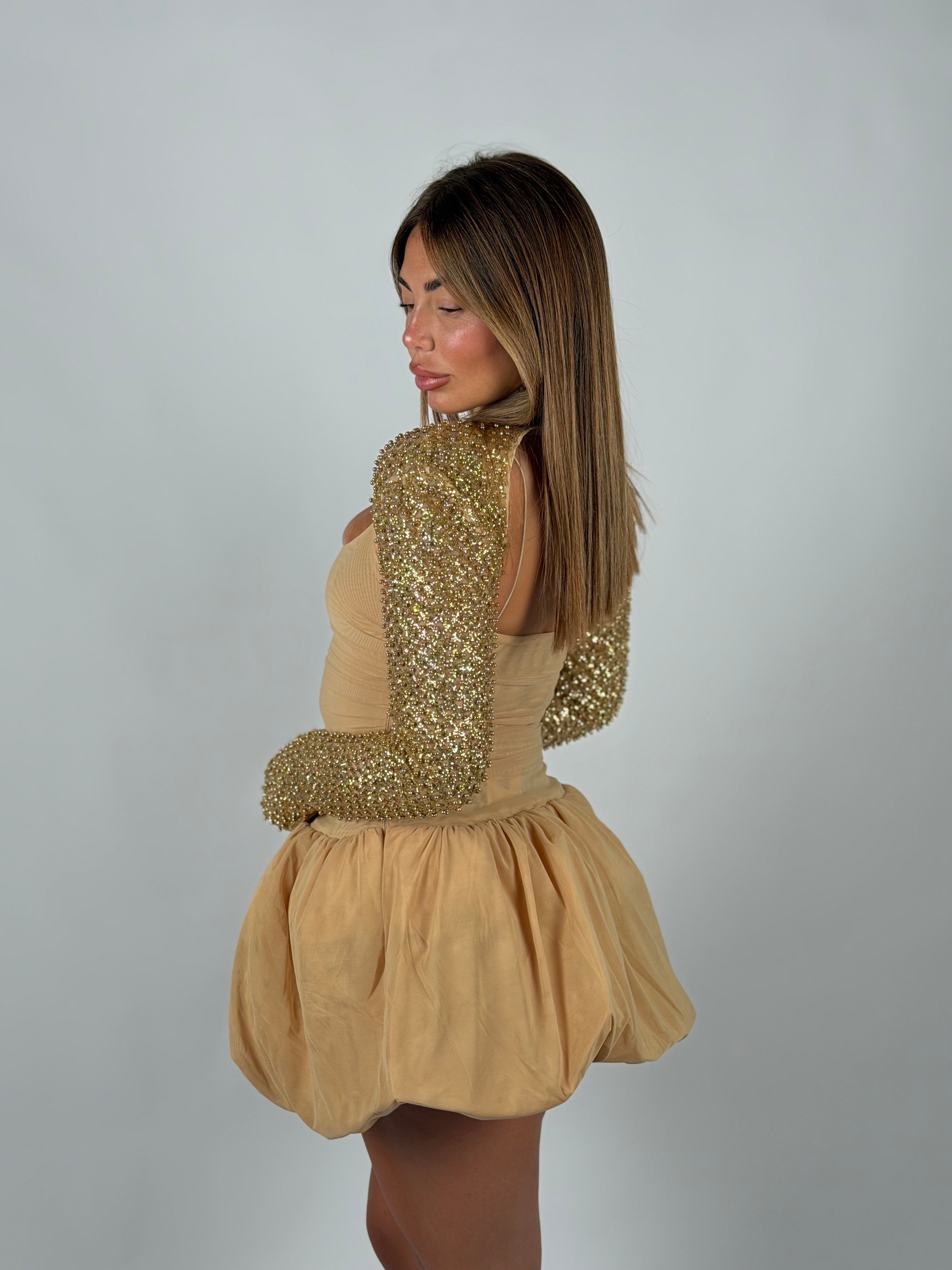 Mini dress balloon con copri spalle oro