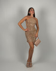 Mini dress scollo America con cristalli nude