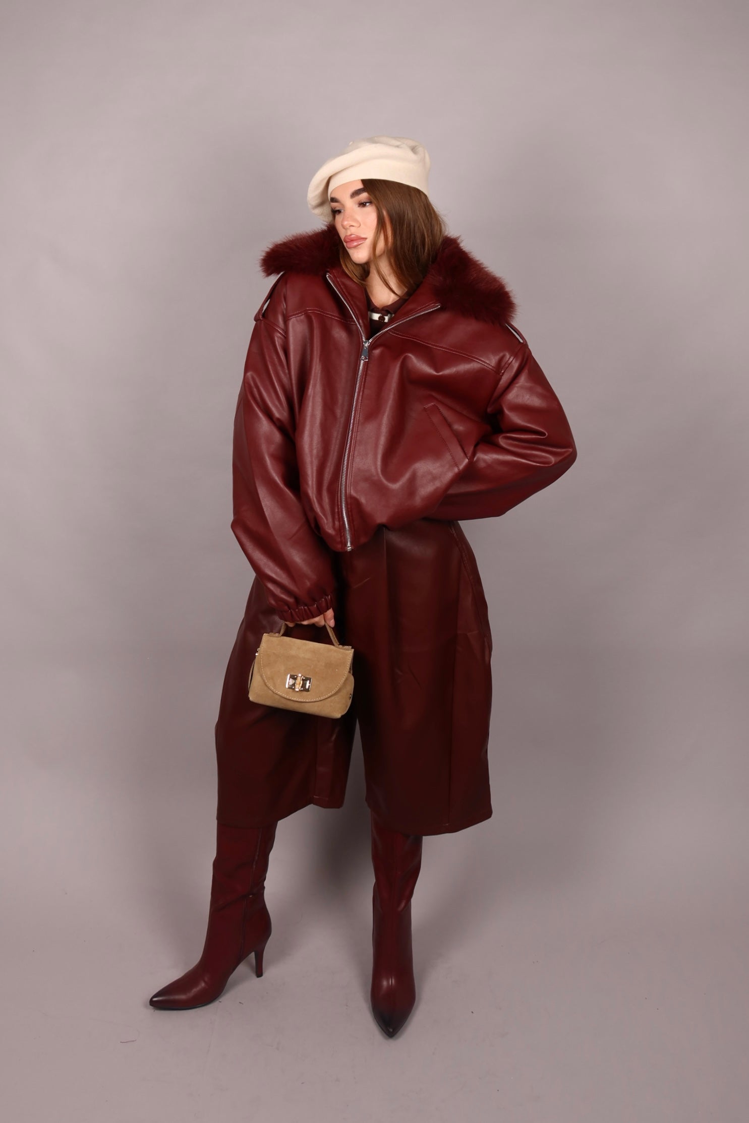 Bomber Crop in pelle bordeaux