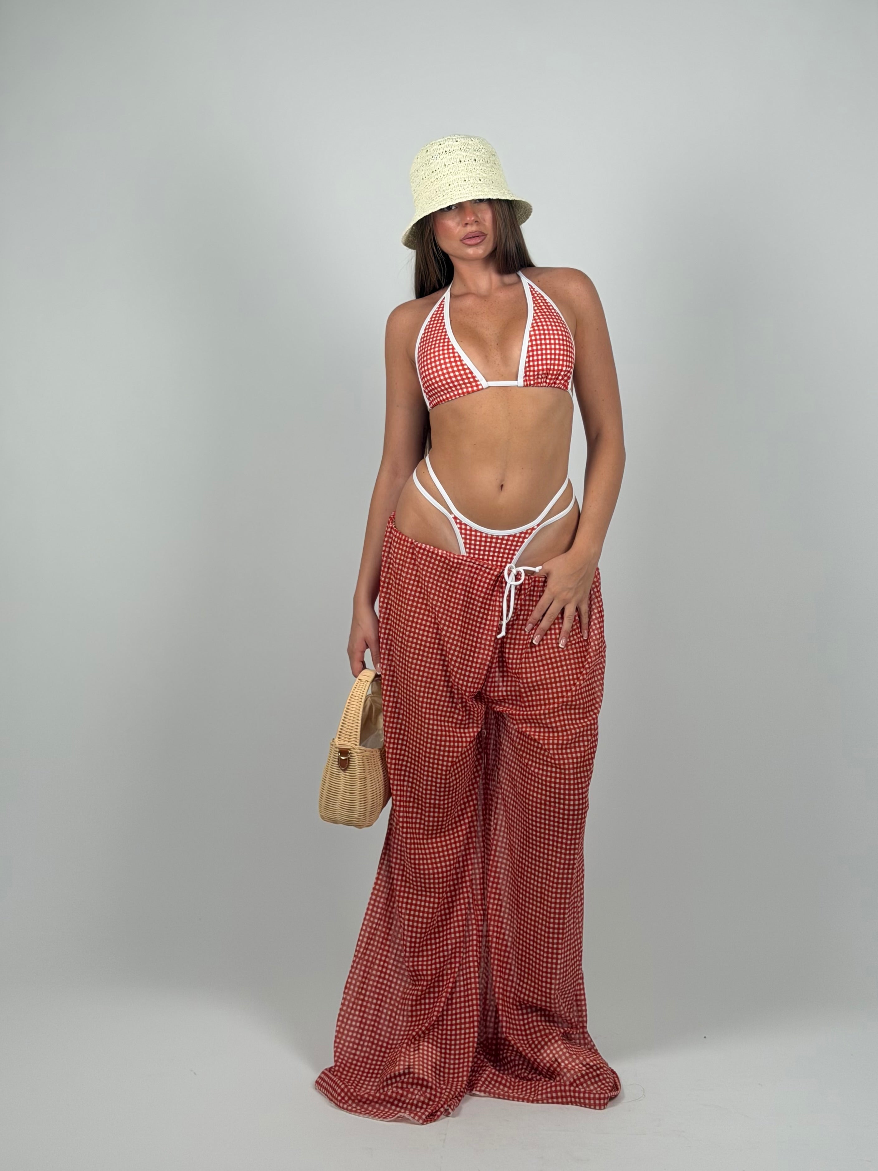 Set 3 pezzi costume e pantalone quadri red