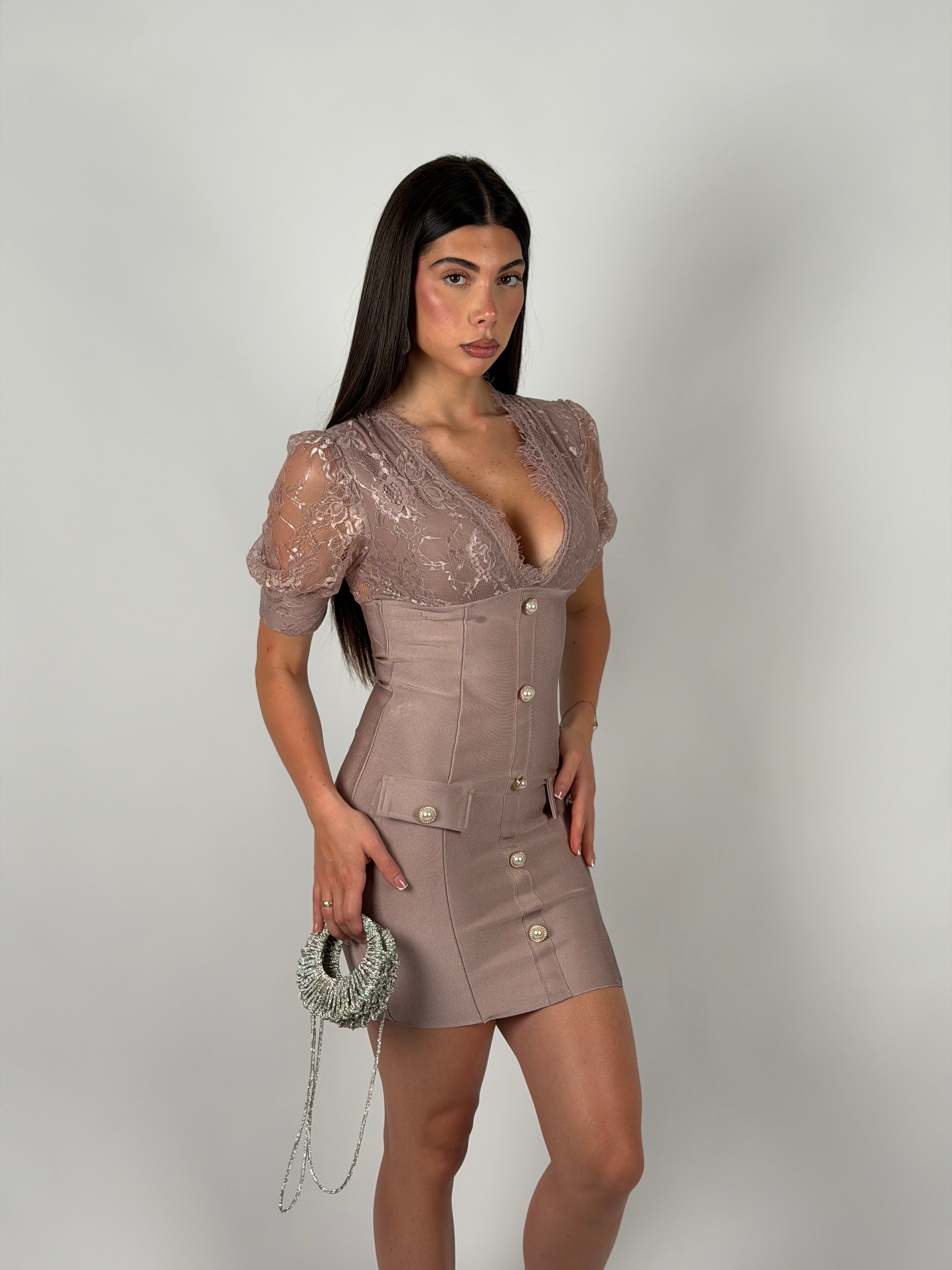 Mini dress bandage e pizzo rosa cipria