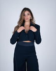 Giacca atena Crop e rever in raso blu navy