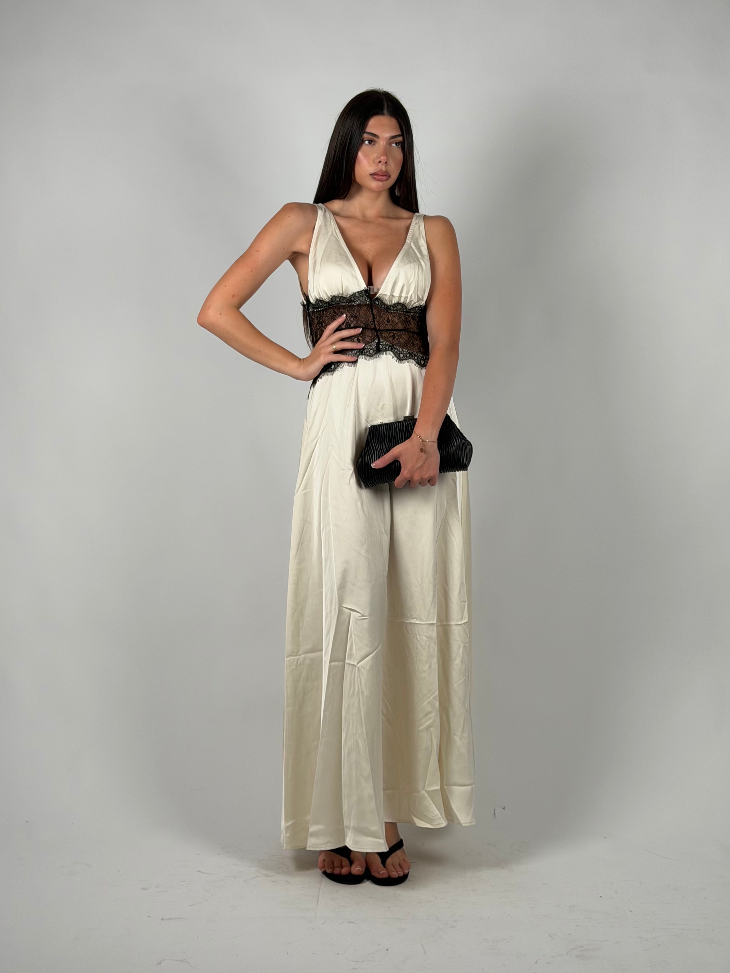 Dress in raso e pizzo panna/nero