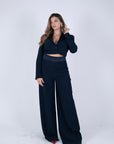 Giacca atena Crop e rever in raso blu navy