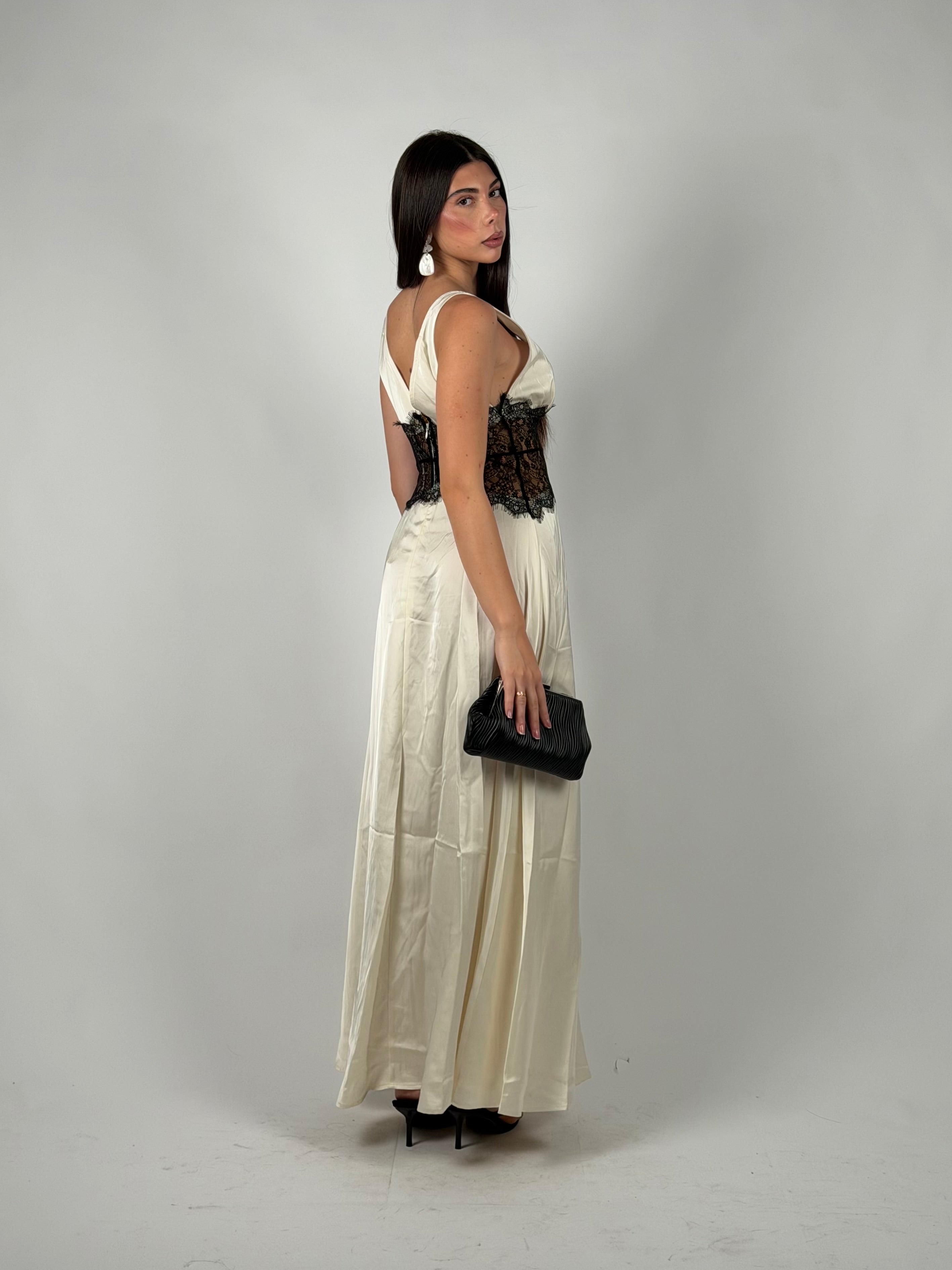 Dress in raso e pizzo panna/nero