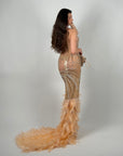 Dress luxury con piume e strass pesca