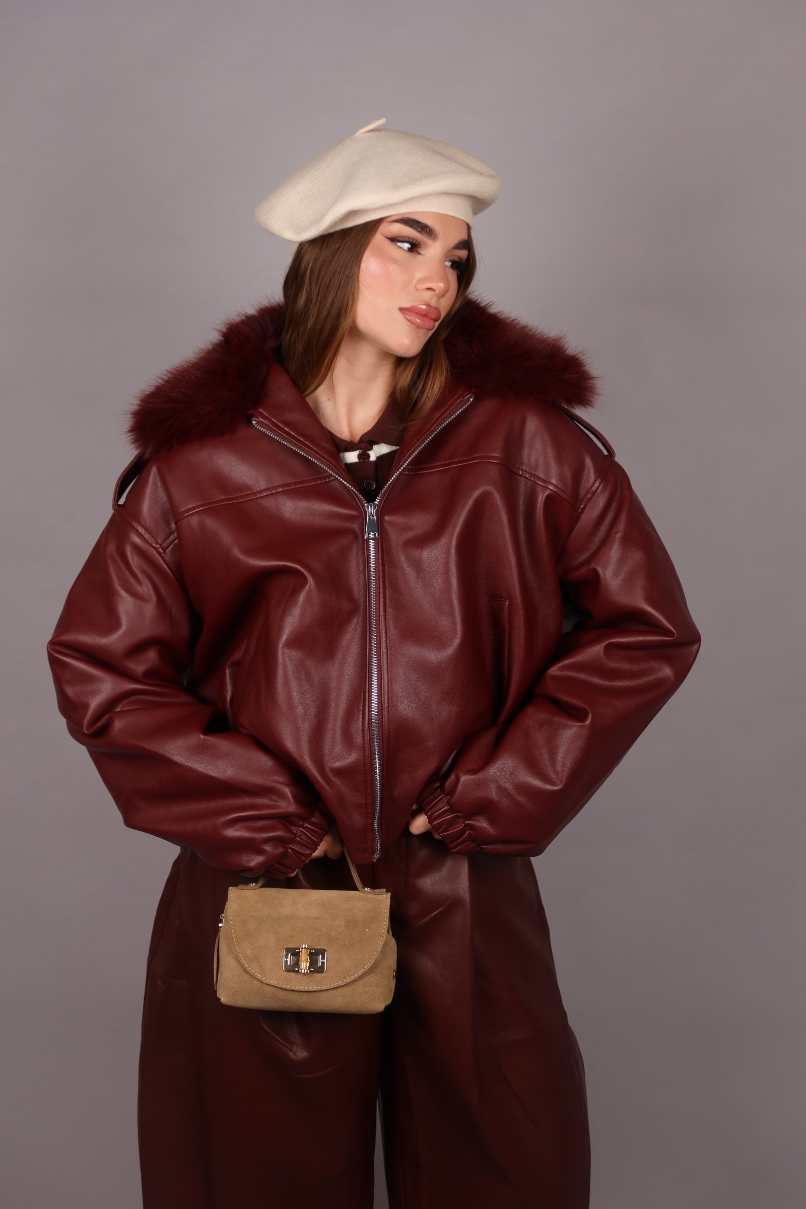 Bomber Crop in pelle bordeaux