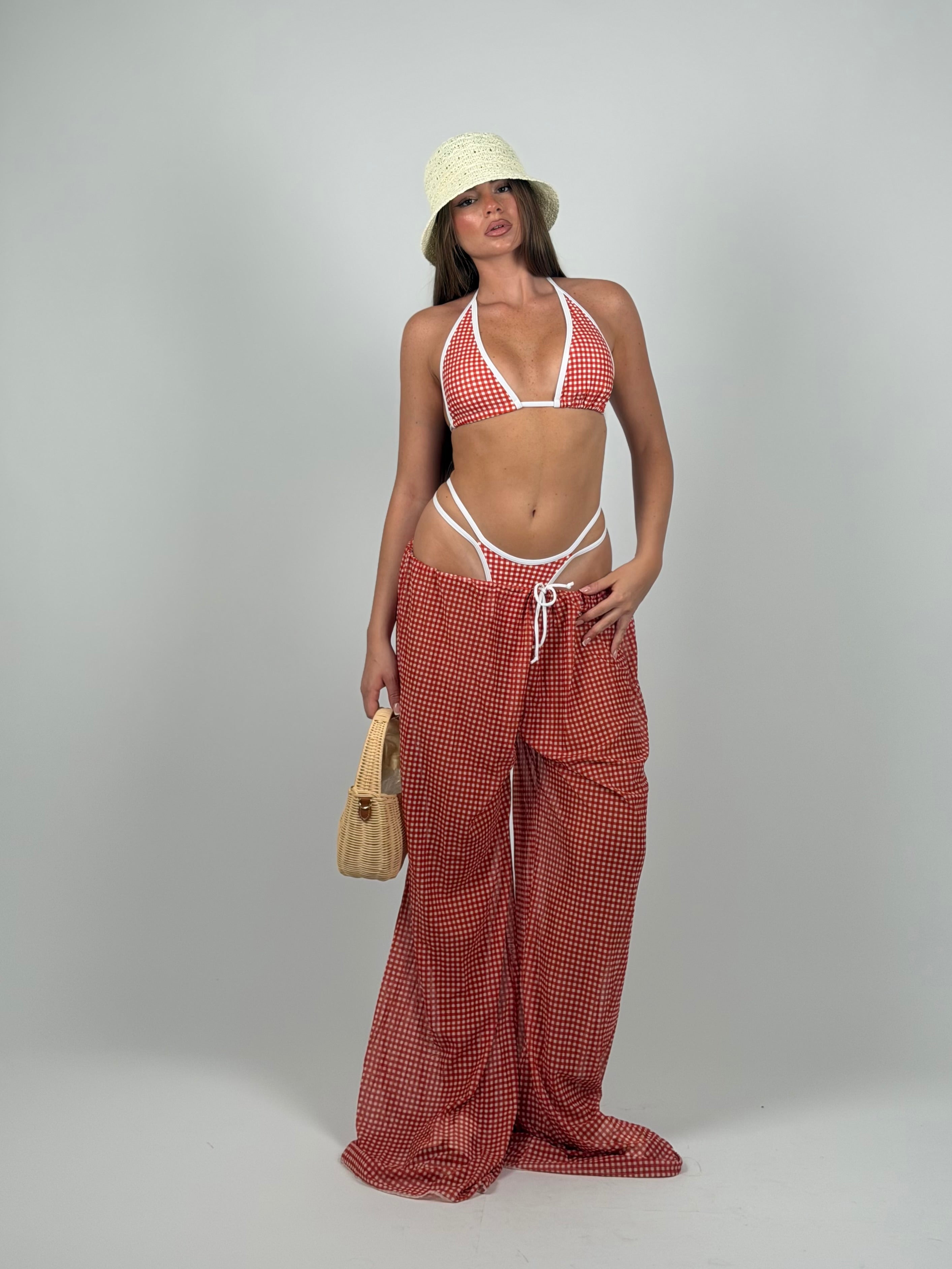 Set 3 pezzi costume e pantalone quadri red