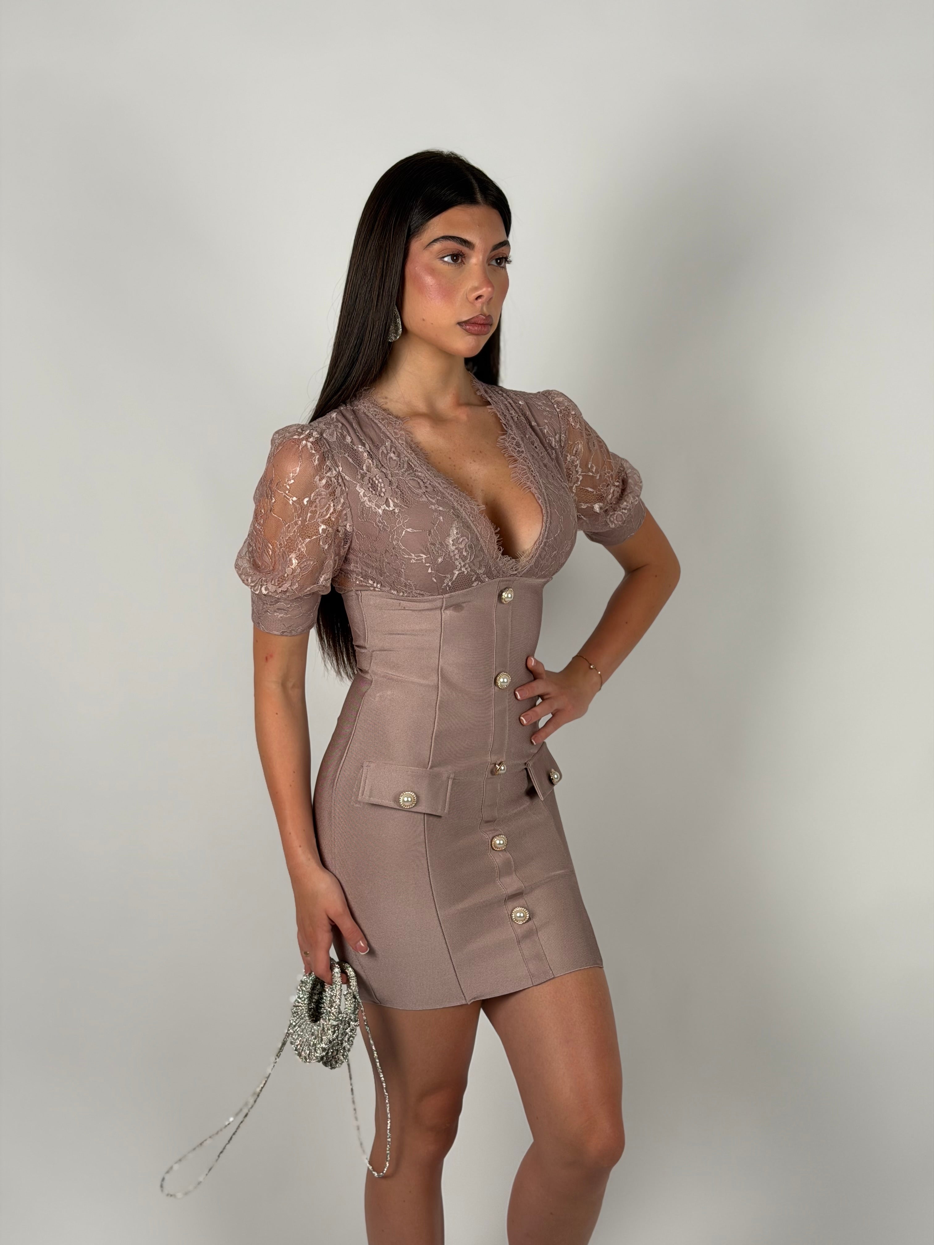 Mini dress bandage e pizzo rosa cipria