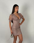 Mini dress bandage e pizzo rosa cipria