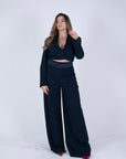 Giacca atena Crop e rever in raso blu navy