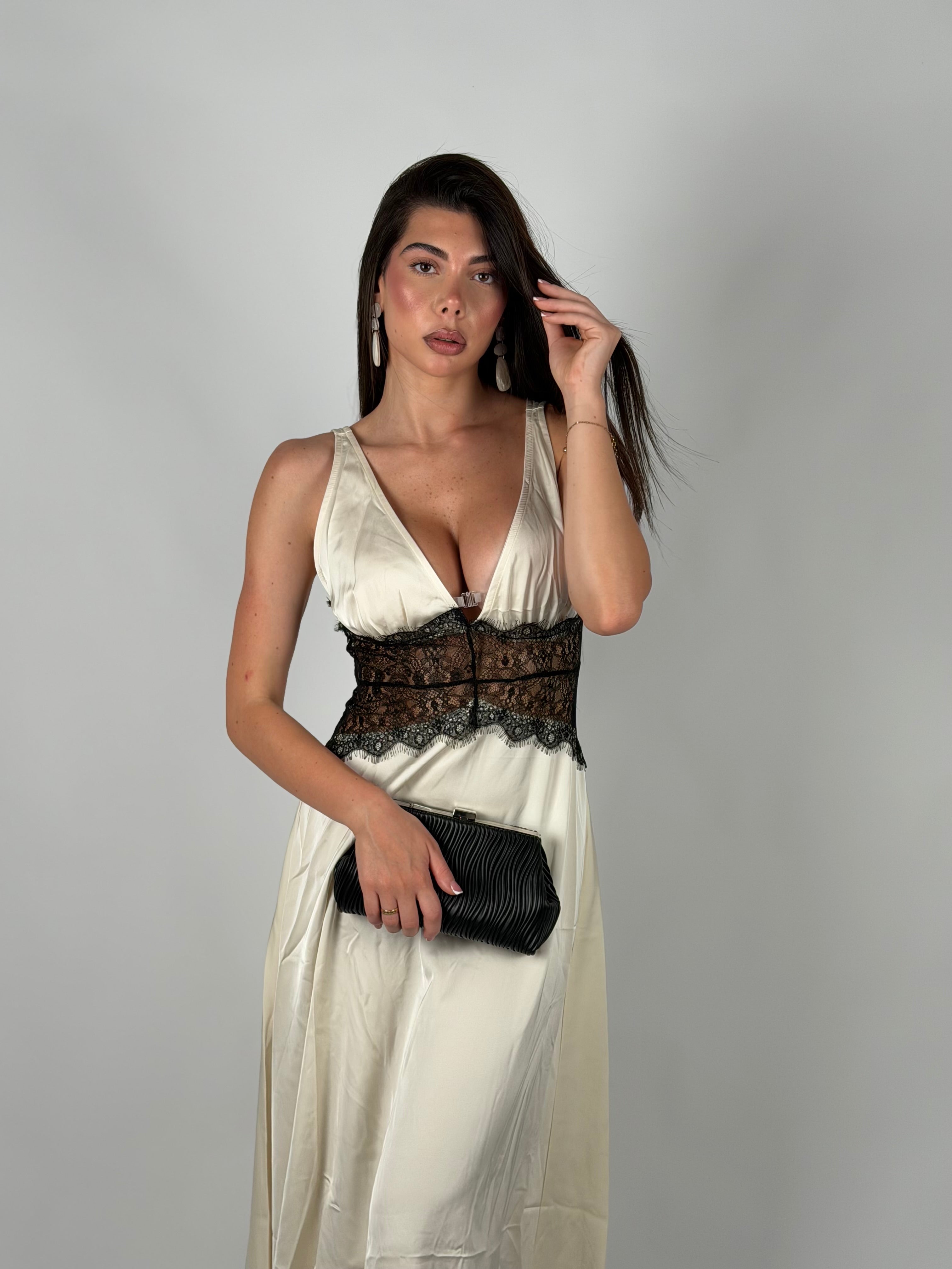Dress in raso e pizzo panna/nero