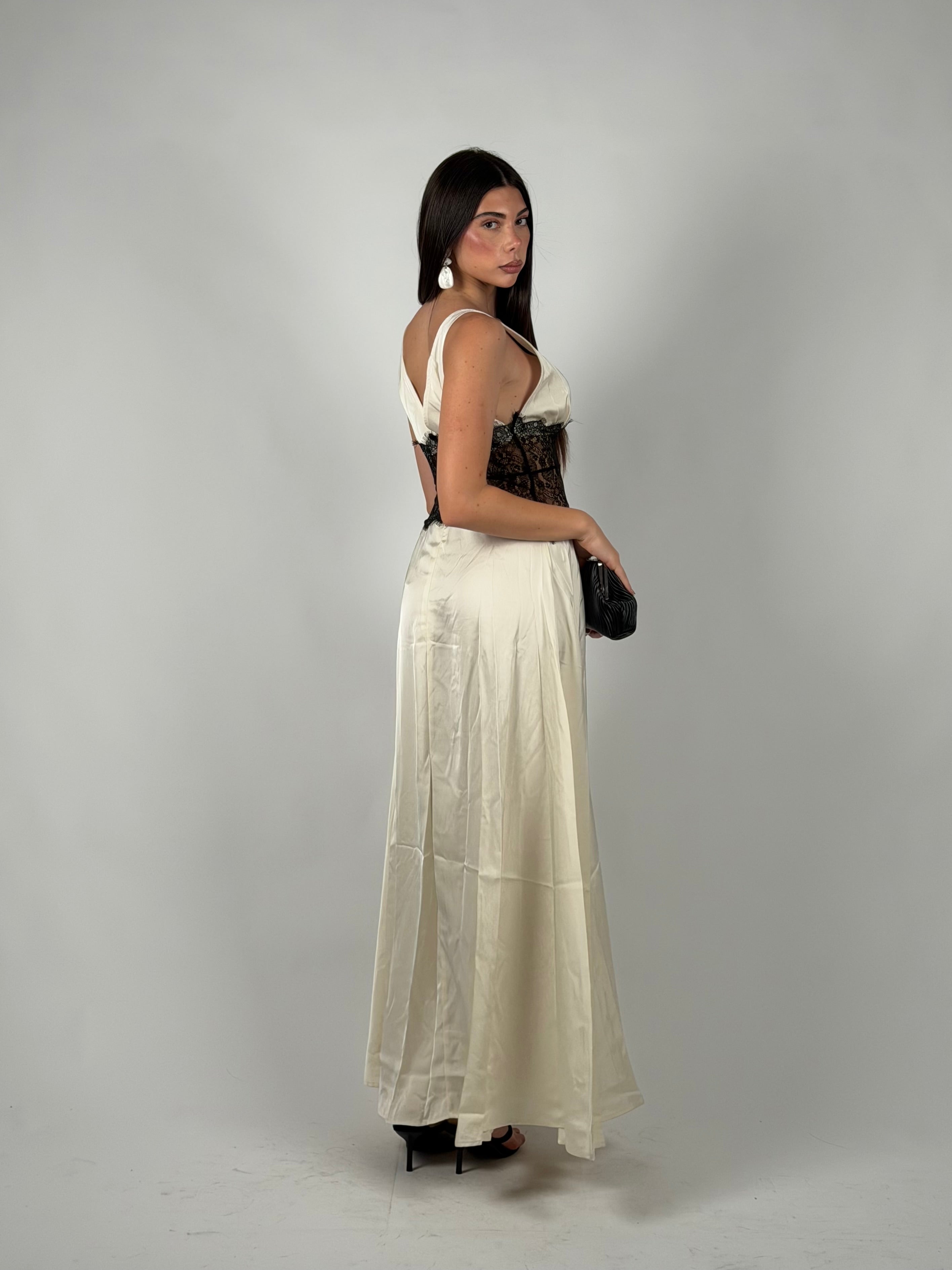 Dress in raso e pizzo panna/nero